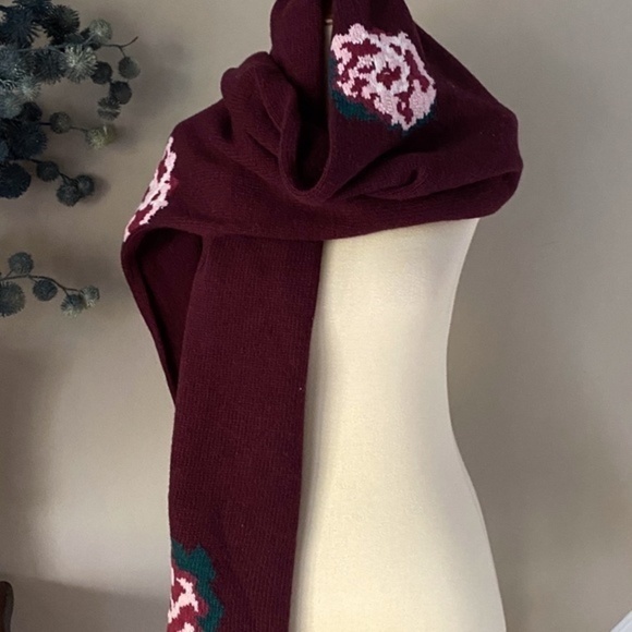 Anthropologie Burgundy Rose Embroidered Pom Scarf - Picture 7 of 8